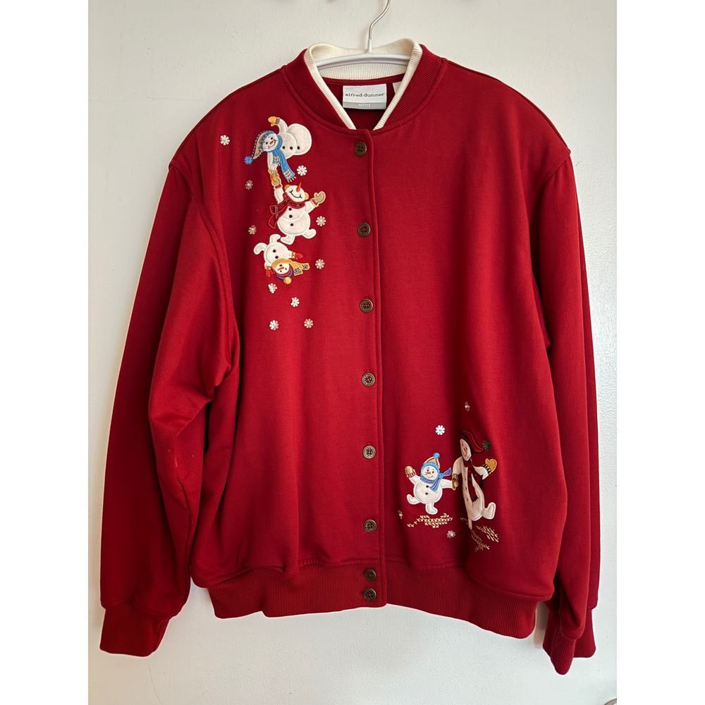 Alfred Dunner Red Button Up Bomber Style Cardigan - Embroidered/Applique Snowmen
